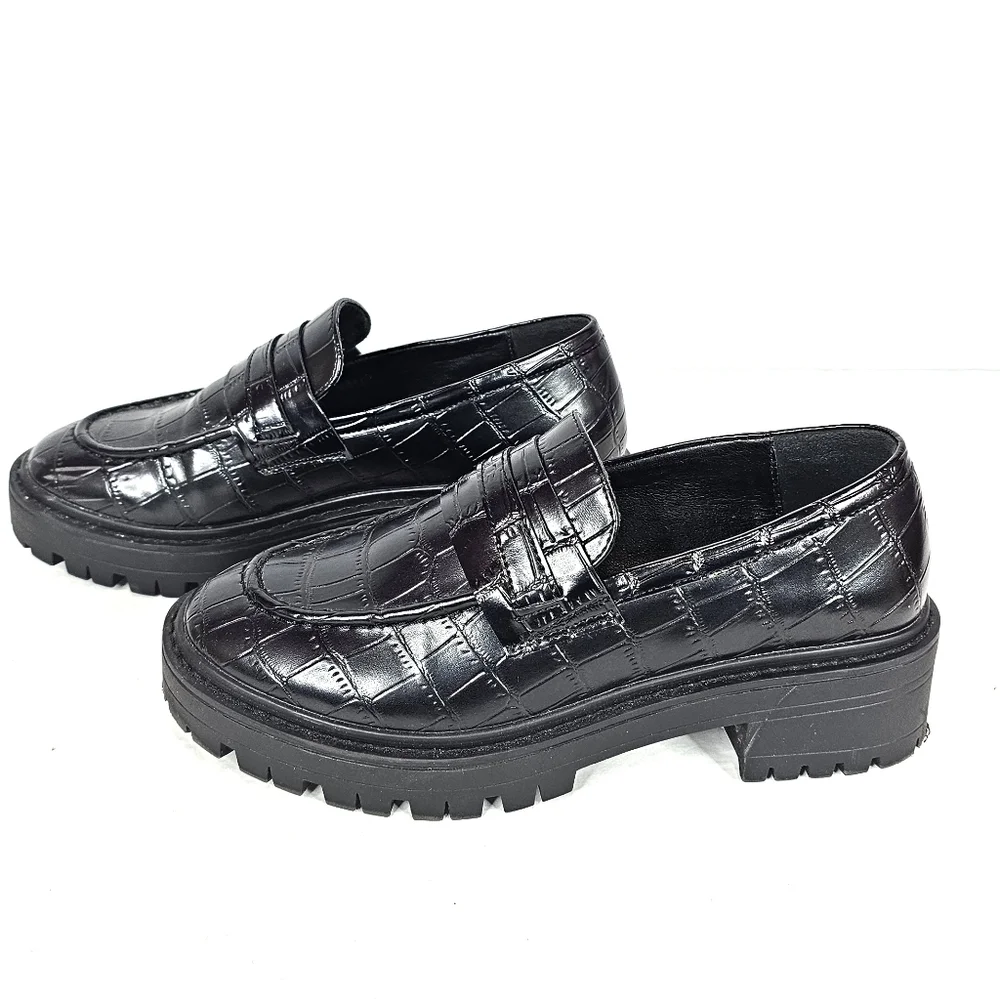 C. Paravano Faux Black Crocodile Pattern Loafers